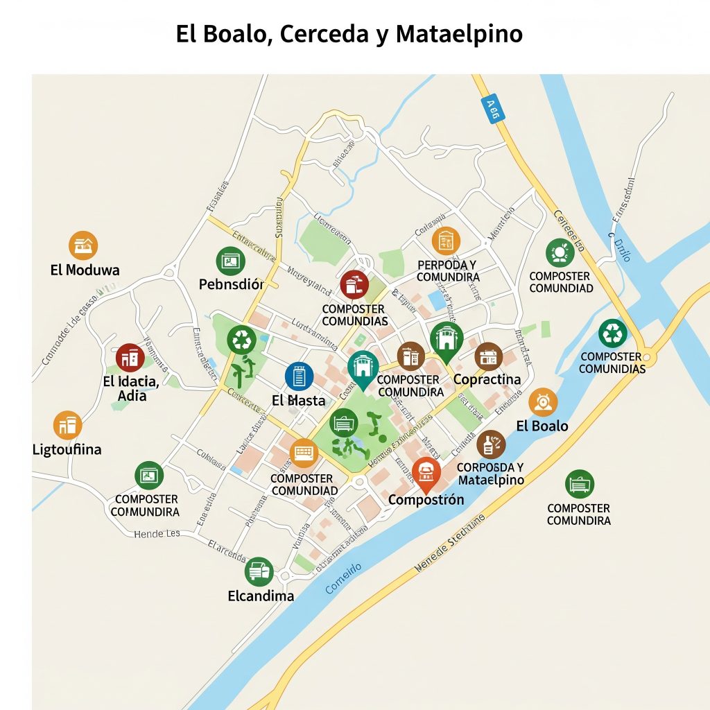 Mapa de El Boalo, Cerceda y Mataelpino con la ubicación de los puntos de compostaje comunitario.