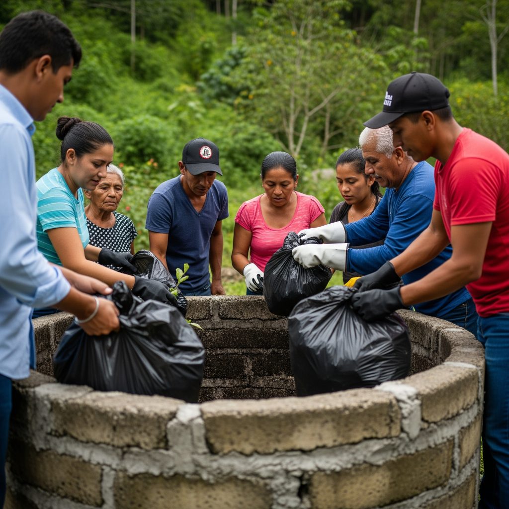 Grupo diverso de residentes de El Boalo, Cerceda y Mataelpino reunidos alrededor de un compostador comunitario, mostrando su compromiso con la sostenibilidad.