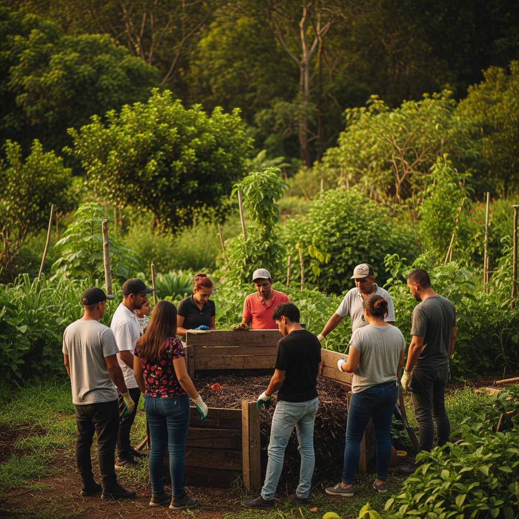 Grupo diverso de residentes de El Boalo, Cerceda y Mataelpino reunidos alrededor de un compostador comunitario, mostrando su compromiso con la sostenibilidad.