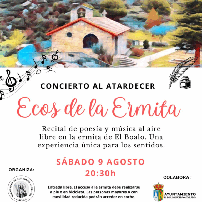 Póster del "Concierto al Atardecer Ecos de la Ermita", con una ilustración de una ermita y elementos musicales.