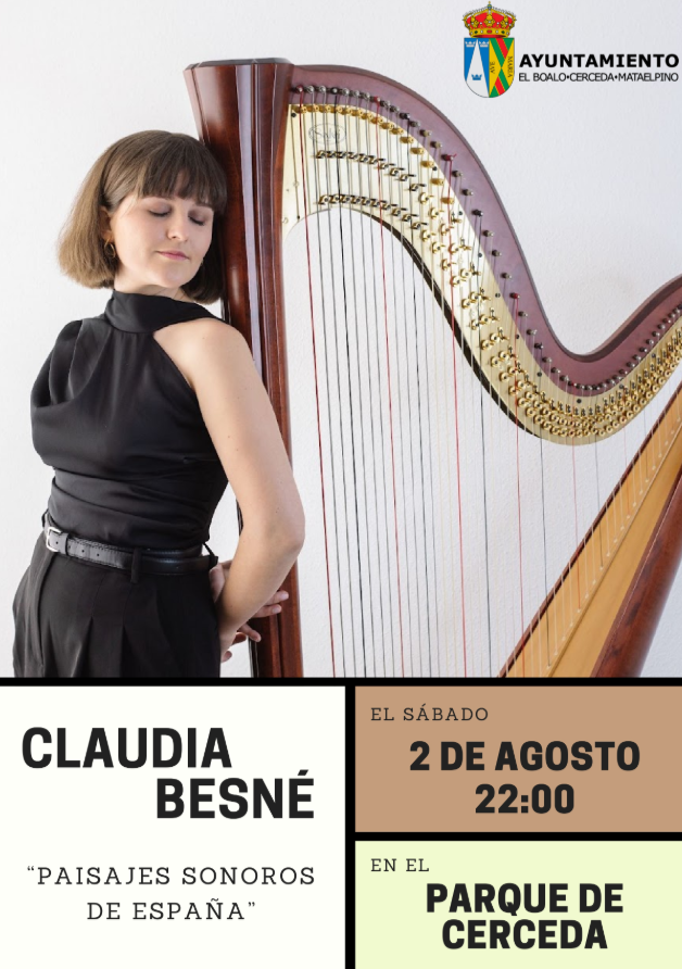 Póster del concierto "Paisajes Sonoros de España" de Claudia Besné. Muestra a una mujer apoyada en un arpa.