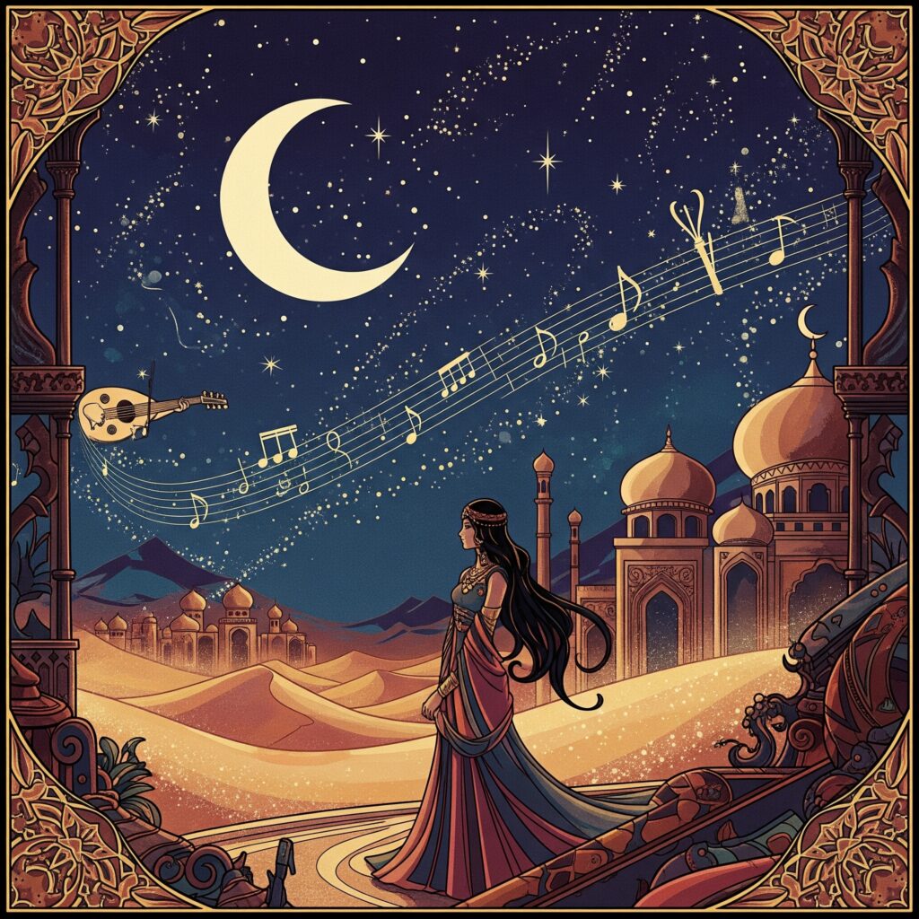 Ilustración artística de Scheherezade mirando un paisaje nocturno árabe con mezquitas, dunas, una luna creciente y notas musicales flotando en el cielo estrellado.