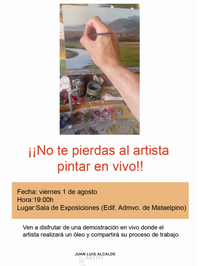 Póster que anuncia una demostración de pintura en vivo, mostrando la mano de un artista sosteniendo un pincel sobre un lienzo con un paisaje.