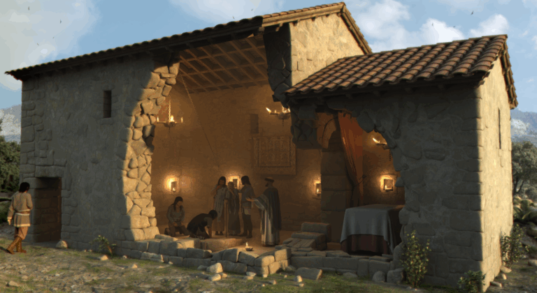 Reconstrucción digital del interior de una iglesia visigoda de piedra, con personas y un perro en un entorno iluminado por candelabros, que representa el yacimiento "El Rebollar" en el siglo VII.