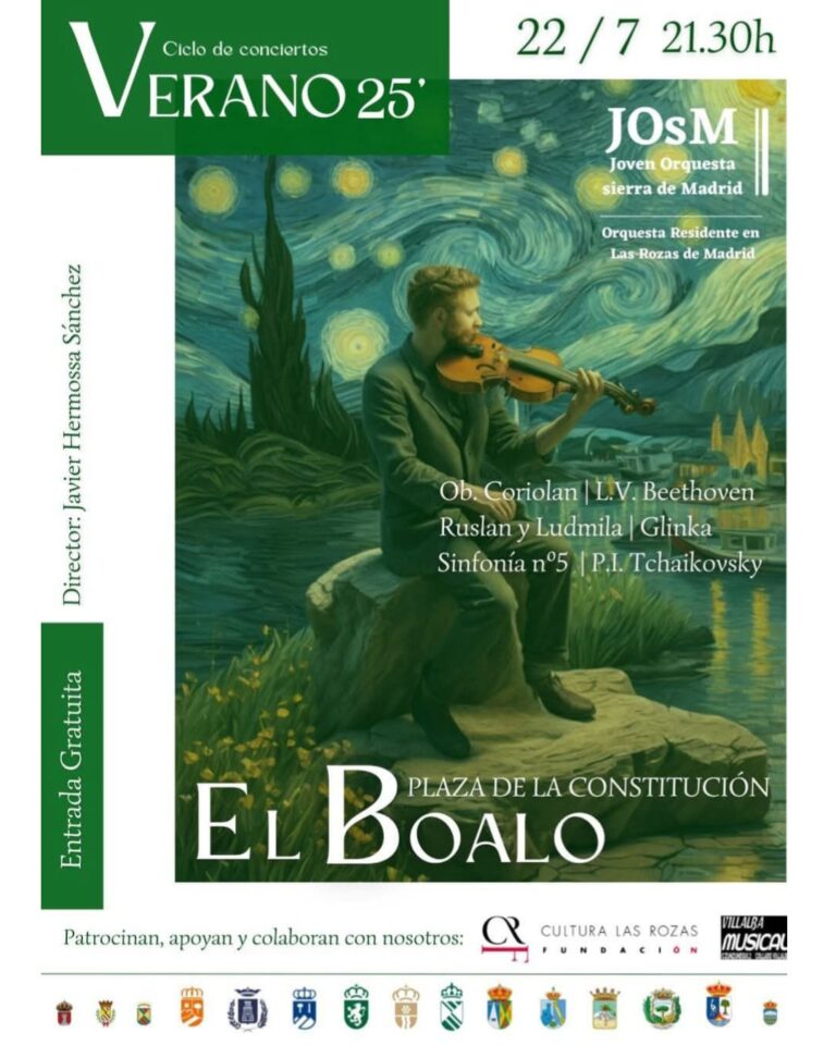 Póster del ciclo de conciertos Verano 25'. Muestra a un hombre tocando un violín sentado en una roca, con un fondo de cielo estrellado y un río. El póster anuncia un concierto de la Joven Orquesta Sierra de Madrid en la Plaza de la Constitución de El Boalo el 22 de julio a las 21:30h, con entrada gratuita.