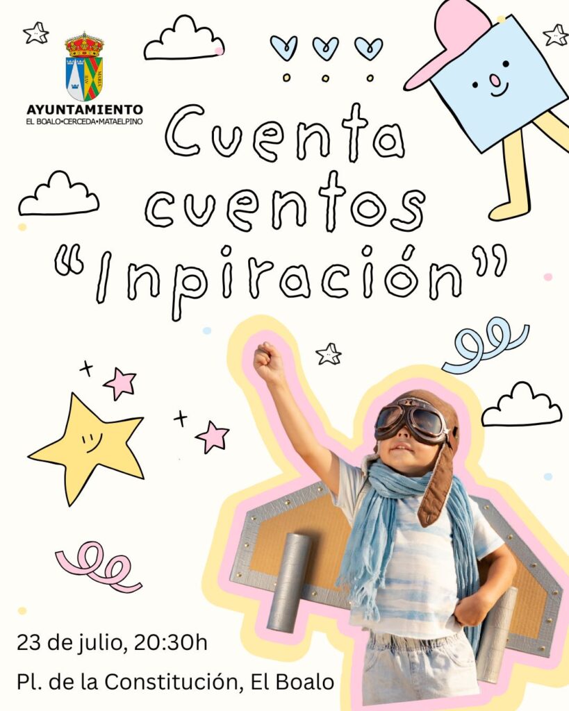 Póster del evento de cuentacuentos "Inpiración" con la imagen de un niño vestido como piloto con gafas, y dibujos de estrellas y nubes.