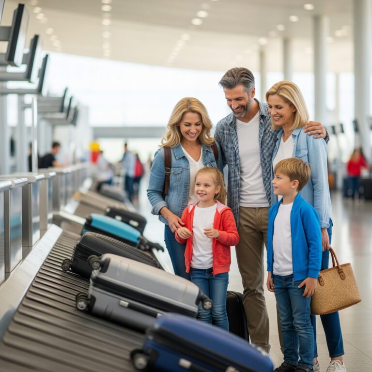 Una familia de cuatro miembros, con dos adultos y dos niños, sonríe junto a sus maletas en una cinta de equipaje en un aeropuerto, simbolizando un viaje seguro y feliz.