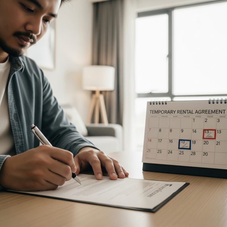 Una persona está firmando un documento con el título "Temporary Rental Agreement" y un calendario de fondo que muestra una fecha destacada, simbolizando el inicio de un alquiler temporal.
