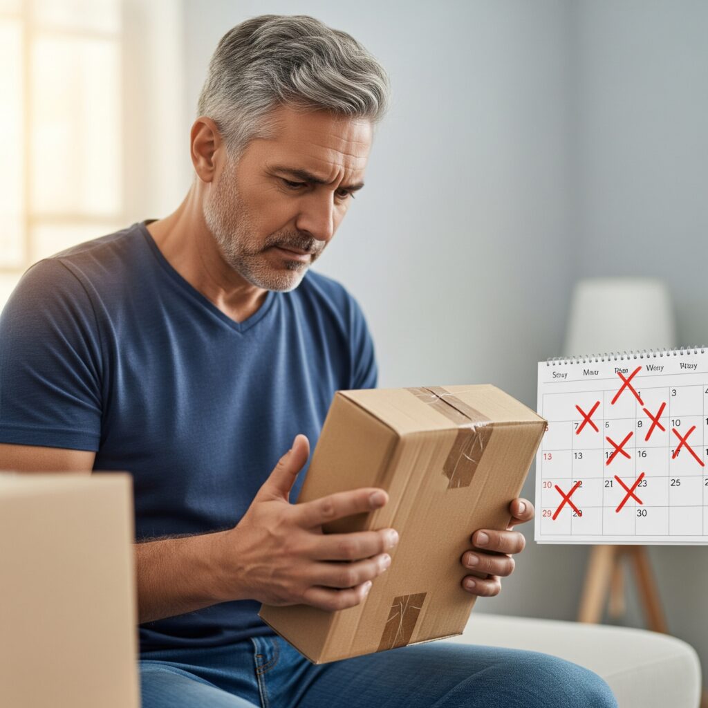 Un hombre de mediana edad con expresión de frustración mira un paquete de entrega, mientras un calendario con fechas marcadas en rojo indica días de retraso en el envío.