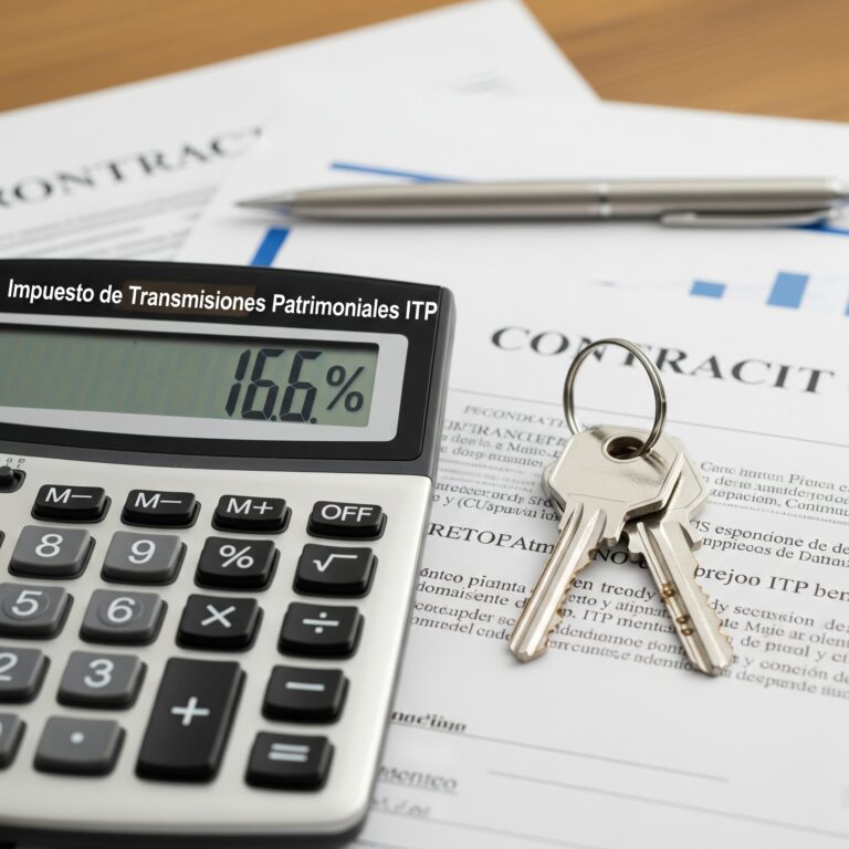 Una calculadora mostrando el porcentaje de "Impuesto de Transmisiones Patrimoniales ITP", junto a documentos legales y un juego de llaves, sobre una mesa.