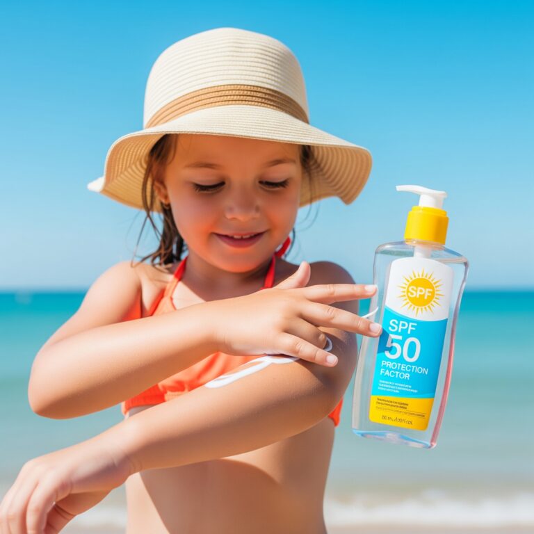 Una niña con sombrero de paja aplicándose protector solar en el brazo en la playa, con el mar de fondo