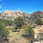 Amplia vista panorámica de La Pedriza con formaciones rocosas graníticas, vegetación mediterránea y un área de estacionamiento al fondo bajo un cielo azul.