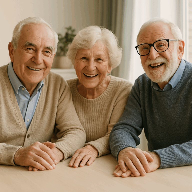 Tres personas mayores sonrientes sentadas alrededor de una mesa, disfrutando de una conversación en un ambiente cálido y luminoso.