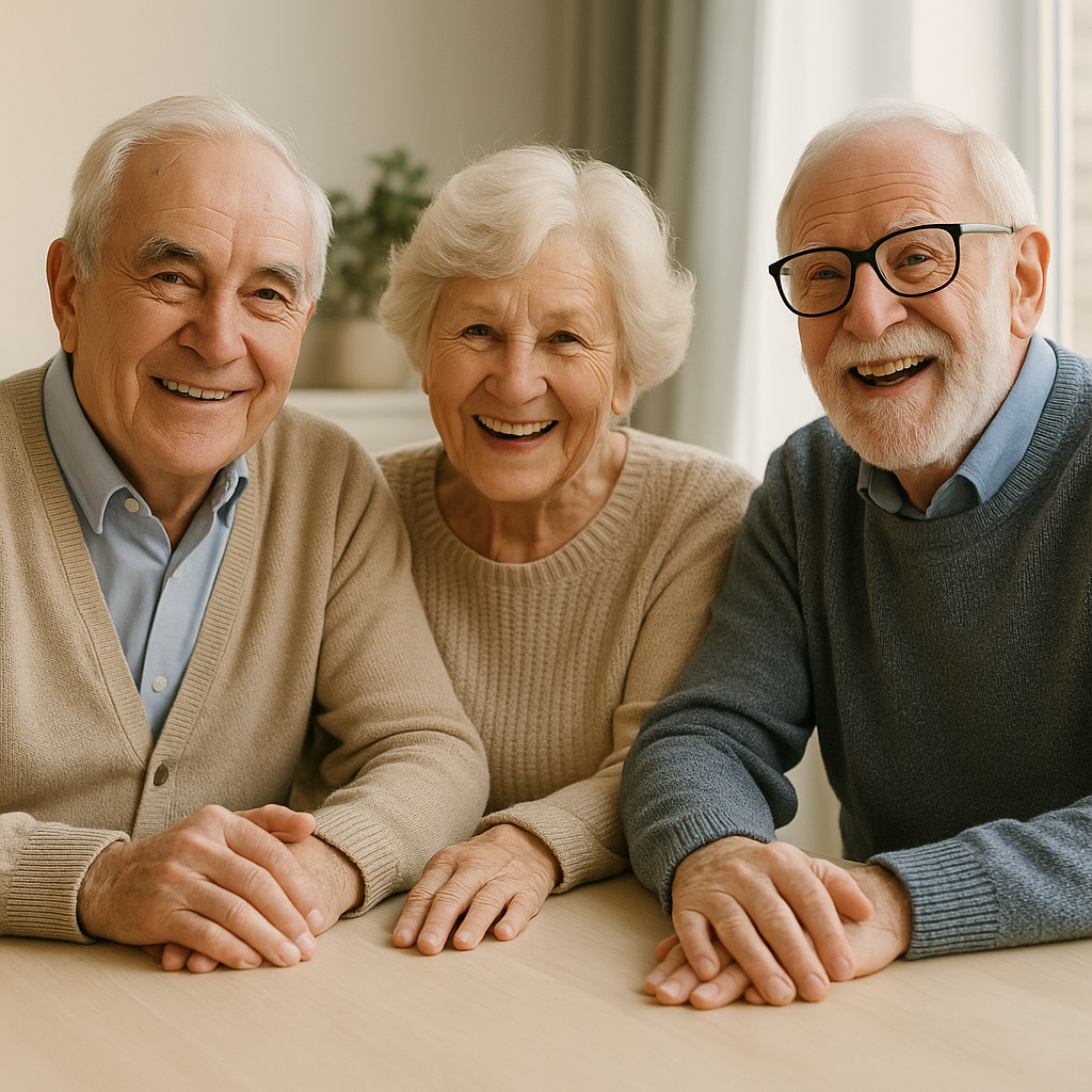 Tres personas mayores sonrientes sentadas alrededor de una mesa, disfrutando de una conversación en un ambiente cálido y luminoso.