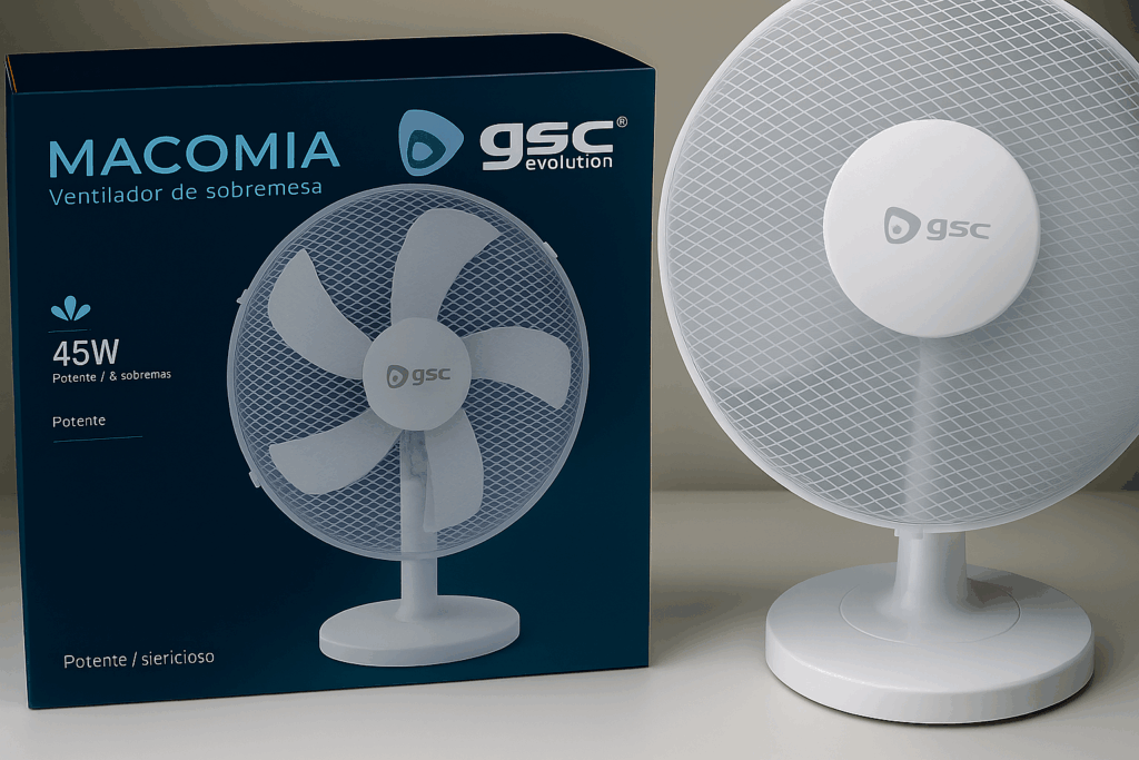 Un ventilador de sobremesa blanco de la marca GSC Evolution, modelo Macomia, junto a su caja de embalaje que muestra la referencia del producto y sus características.