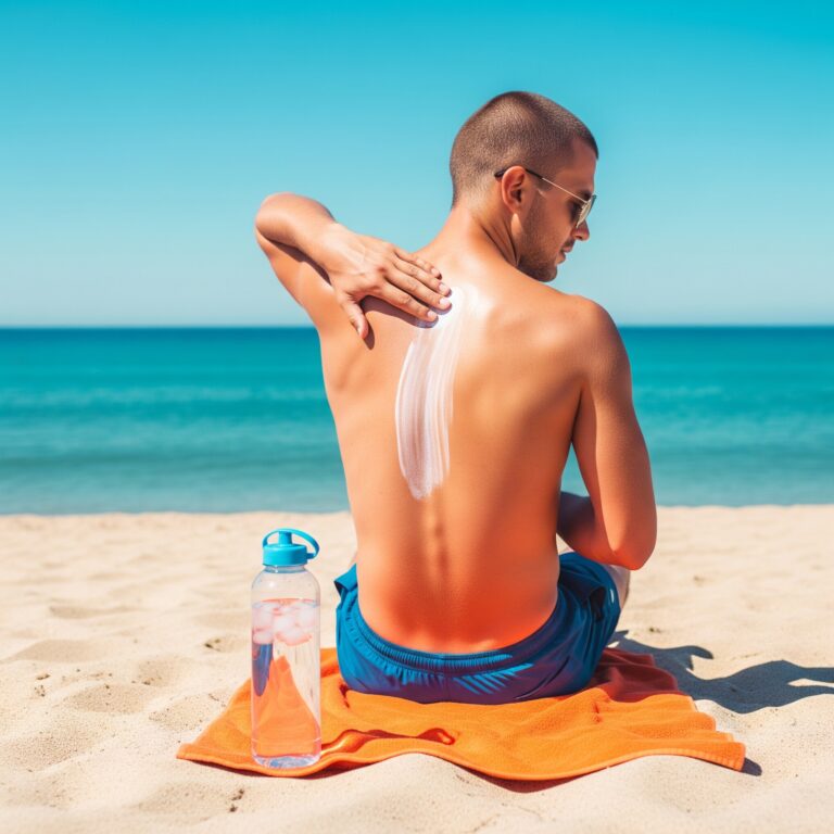 Una persona sentada en la arena de la playa, de espaldas, aplicándose protector solar en el hombro, con una botella de agua al lado, bajo un cielo azul brillante.