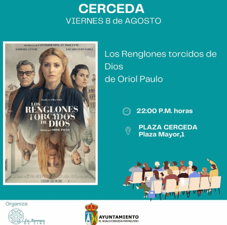 Póster de la película "Los Renglones Torcidos de Dios", con los actores en la imagen principal. El póster incluye la fecha, hora y lugar de una proyección.
