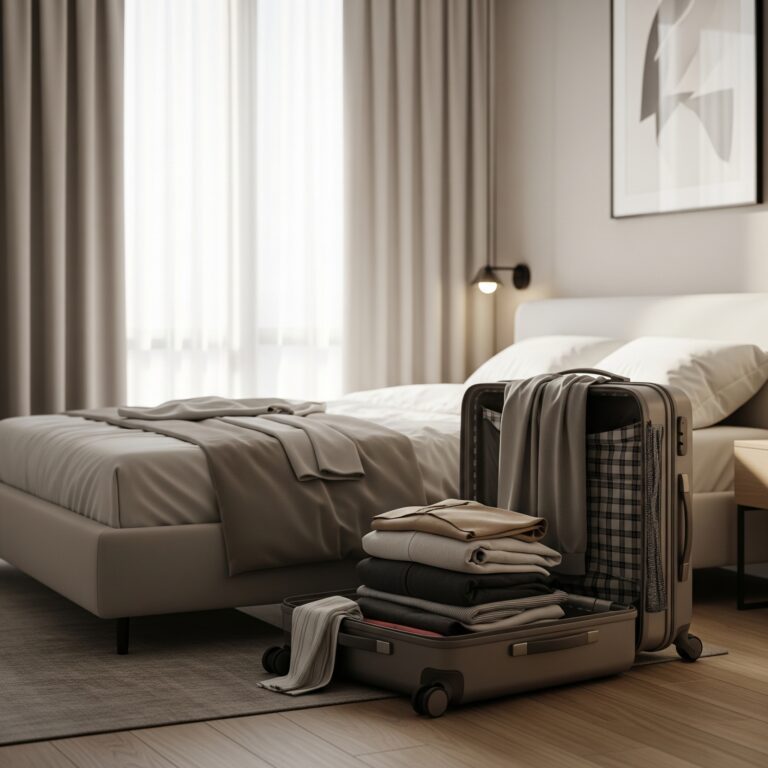 Una maleta de viaje abierta y parcialmente llena de ropa, situada en el suelo al lado de una cama en una habitación moderna, simbolizando una estancia corta.
