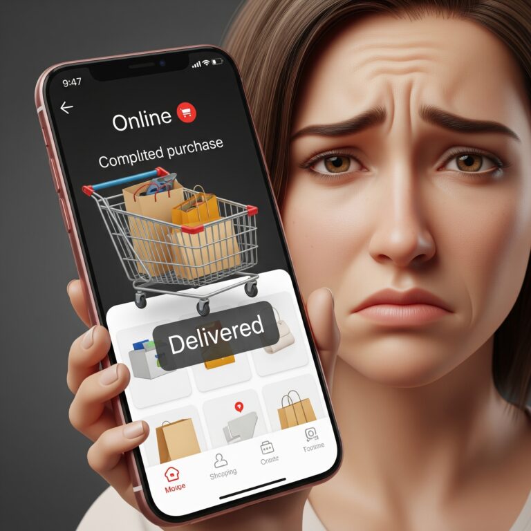 Una mujer con expresión de decepción sostiene un smartphone que muestra una aplicación de compras online con un carrito lleno y la notificación "Delivered" ("Entregado"), simbolizando expectativas no cumplidas.