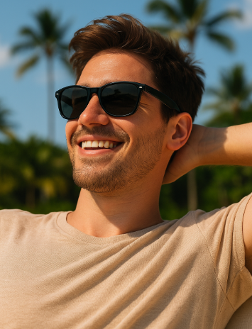 Un hombre con barba y gafas de sol, con la marca "CE" visible en el cristal, mirando directamente al frente en un entorno urbano.