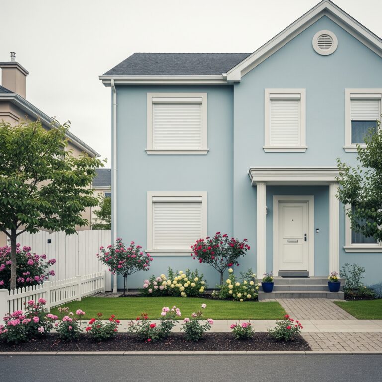 Una casa residencial de dos pisos, de color azul claro, con las ventanas cerradas por persianas y la puerta principal blanca cerrada, en un vecindario tranquilo con un jardín cuidado.