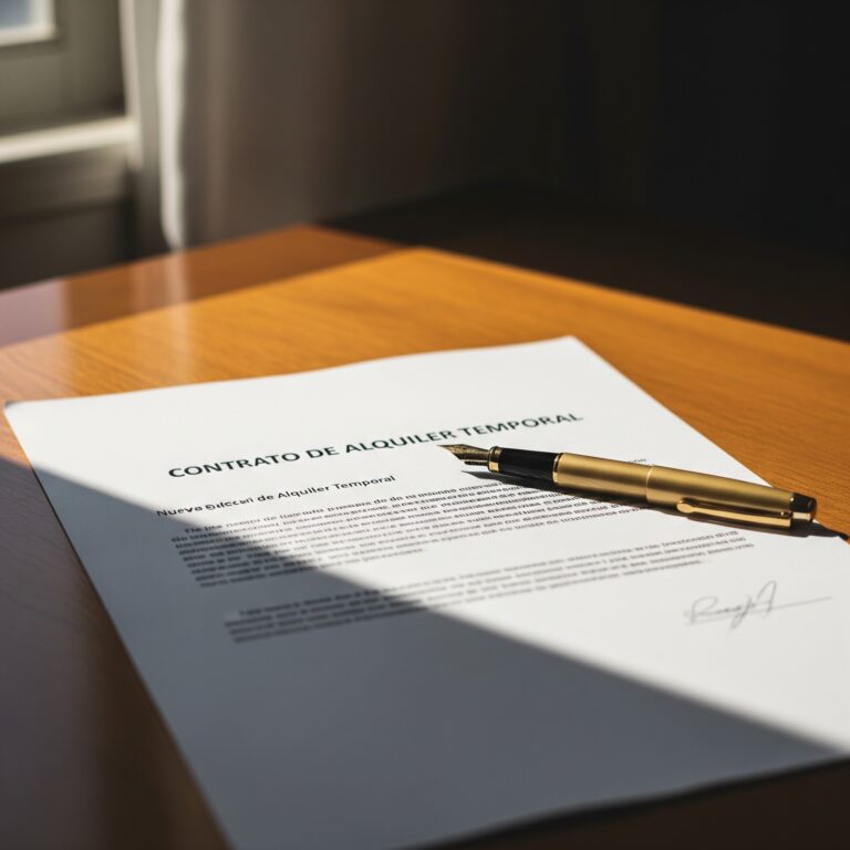 Un documento impreso titulado "CONTRATO DE ALQUILER TEMPORAL" sobre una mesa de madera, con una pluma dorada encima, iluminado por una luz lateral.