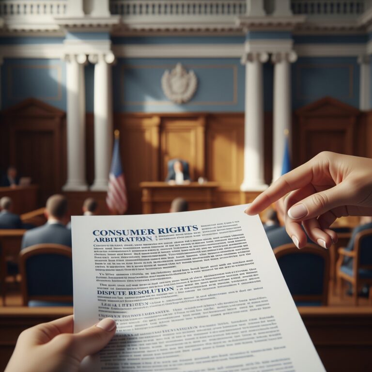 Una mano sostiene un documento con las palabras "CONSUMER RIGHTS" y "DISPUTE RESOLUTION" en primer plano, con un fondo borroso que sugiere un tribunal o sala de arbitraje.