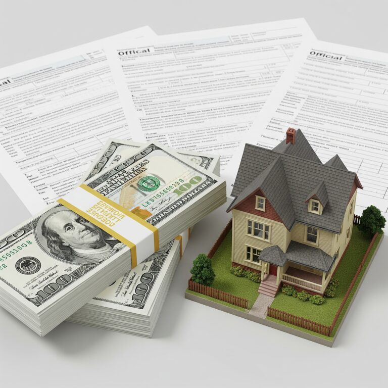 Pilas de billetes de 100 dólares junto a una casa en miniatura y formularios de impuestos esparcidos, simbolizando los costes financieros y fiscales de comprar una vivienda usada.