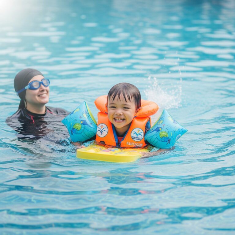 Un niño con flotadores en los brazos y un chaleco salvavidas, sonriendo mientras juega en una piscina, con un adulto supervisándolo de cerca.