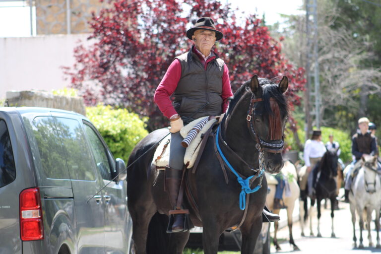 Un jinete, vestido con chaleco y sombrero, monta un caballo oscuro durante la Romería de San Isidro en El Boalo, con otros jinetes y vehículos al fondo.