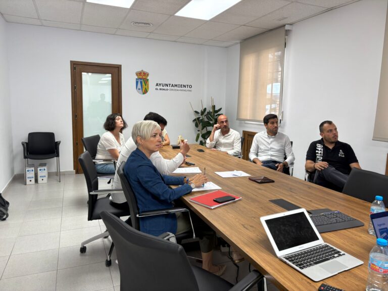 Reunión de miembros del Ayuntamiento de El Boalo, Cerceda y Mataelpino con el equipo de desarrollo de la nueva web, con el escudo municipal visible al fondo.