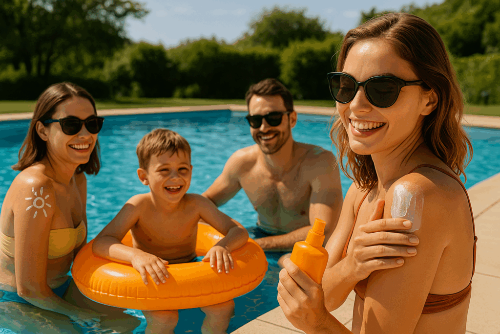 Una familia sonriente (dos adultos y un niño) disfruta en una piscina bajo el sol, mientras una mujer se aplica protector solar en el hombro.