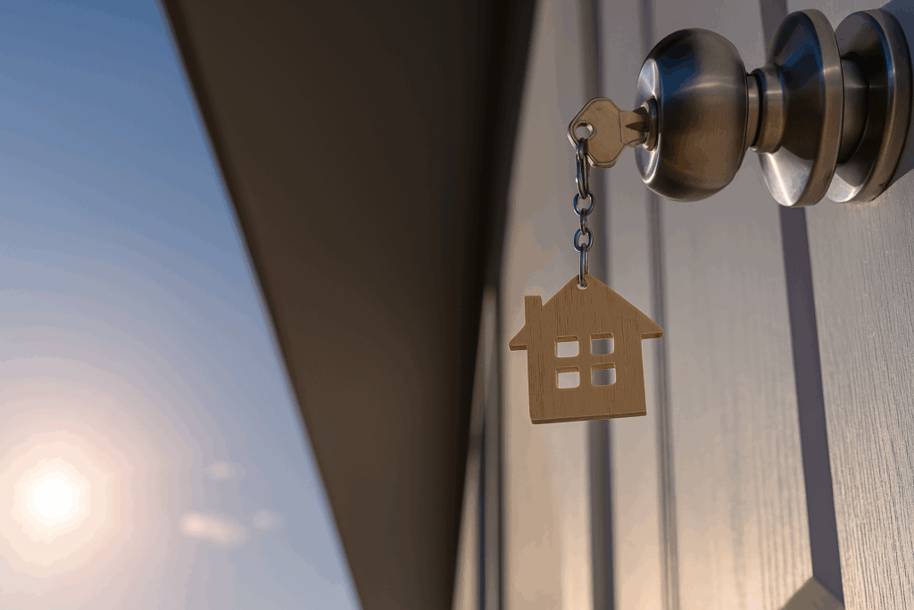 Una llave con un llavero en forma de casa insertada en el pomo de una puerta de madera, que está ligeramente abierta, con la luz del sol asomando por un lado.