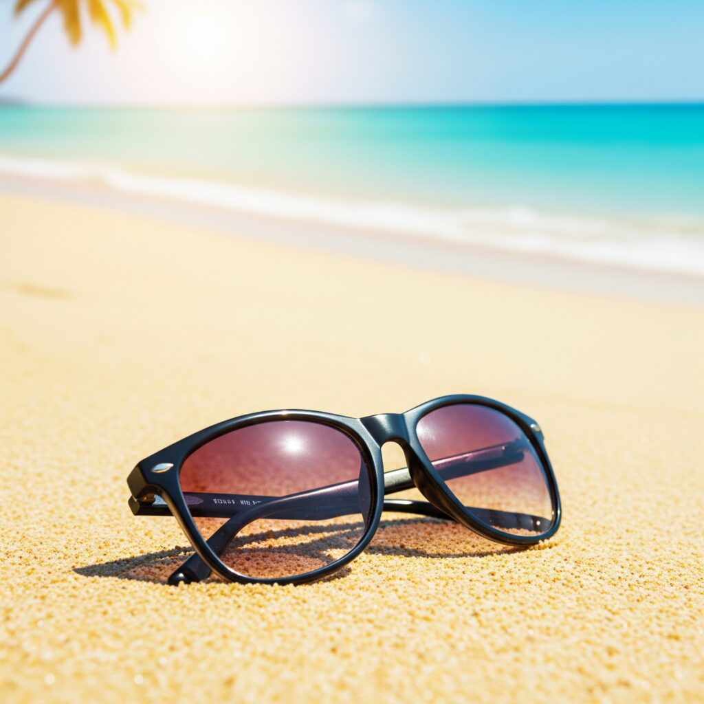 Unas gafas de sol de montura oscura descansan sobre la arena dorada de una playa, con el mar azul y la sombra de una palmera al fondo, simbolizando las vacaciones de verano.
