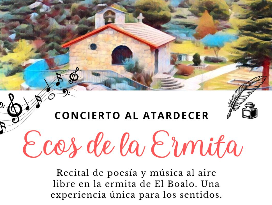 Póster del "Concierto al Atardecer Ecos de la Ermita", con una ilustración de una ermita y elementos musicales.