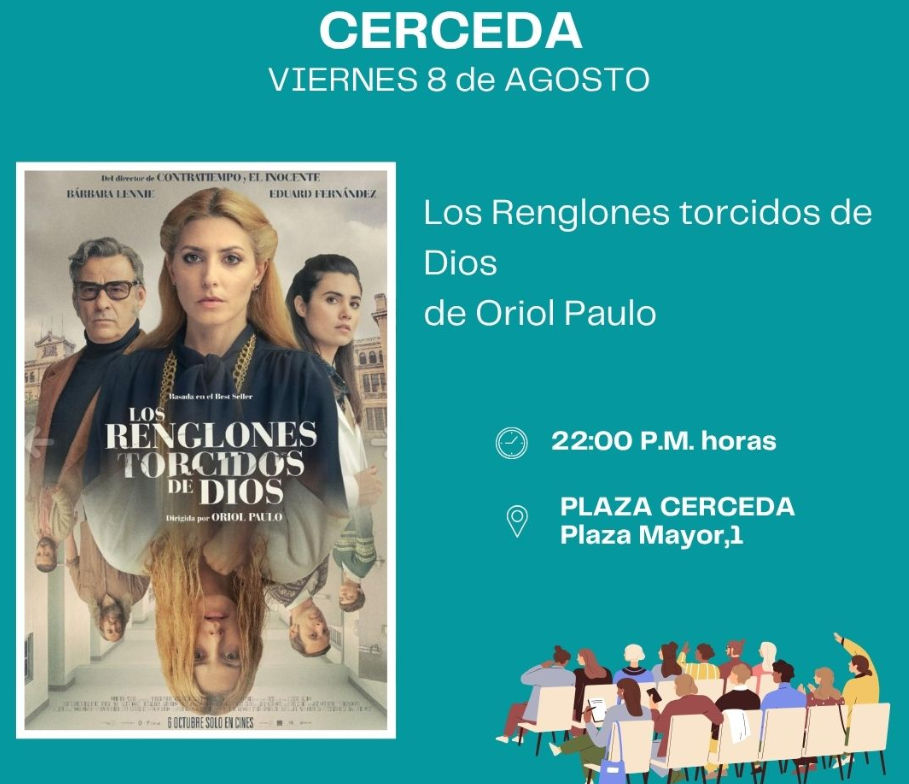 Póster de la película "Los Renglones Torcidos de Dios", con los actores en la imagen principal. El póster incluye la fecha, hora y lugar de una proyección.