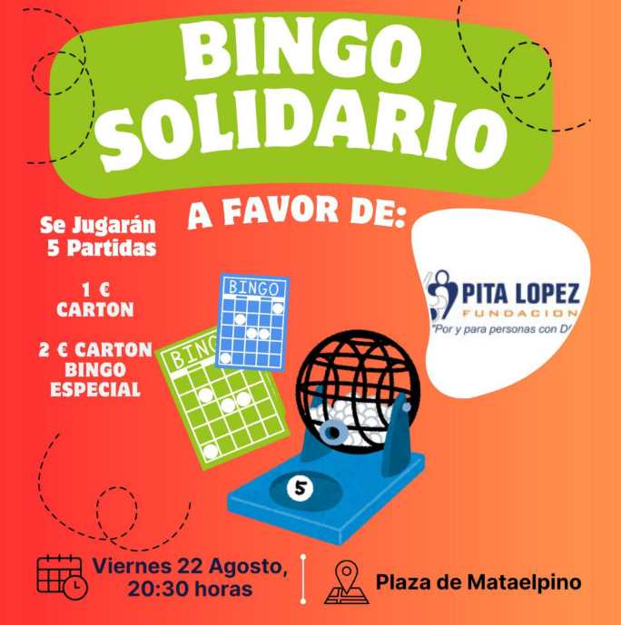 Póster de un evento de bingo solidario con ilustraciones de cartones de bingo y un bombo, con información sobre el evento.