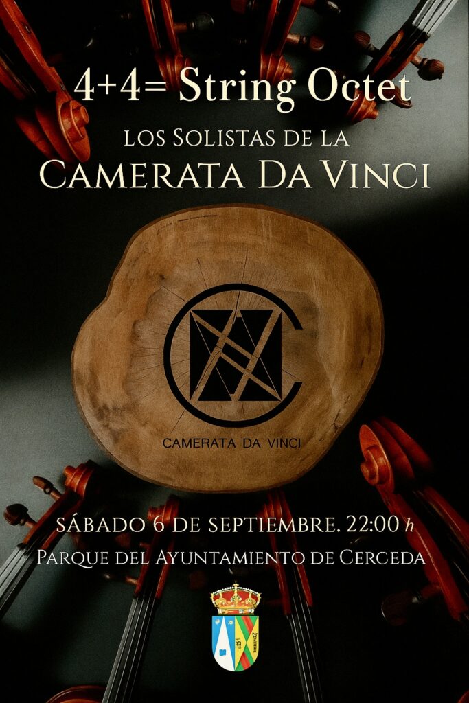 Póster para un concierto de la Camerata da Vinci, con el texto "SINFONÍAS EN EL PARQUE". Muestra una pintura de estilo impresionista con un lago y un árbol en el fondo.