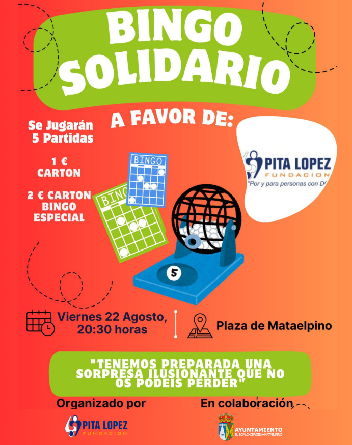 Póster de un evento de bingo solidario con ilustraciones de cartones de bingo y un bombo, con información sobre el evento.