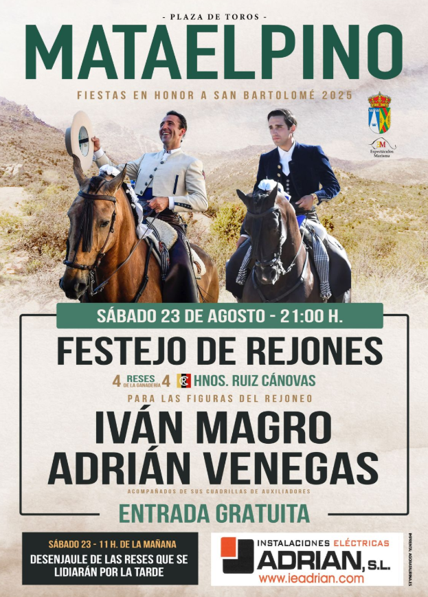 Póster de un festejo de rejones en Mataelpino. Muestra a dos rejoneadores a caballo y el texto con los detalles del evento.