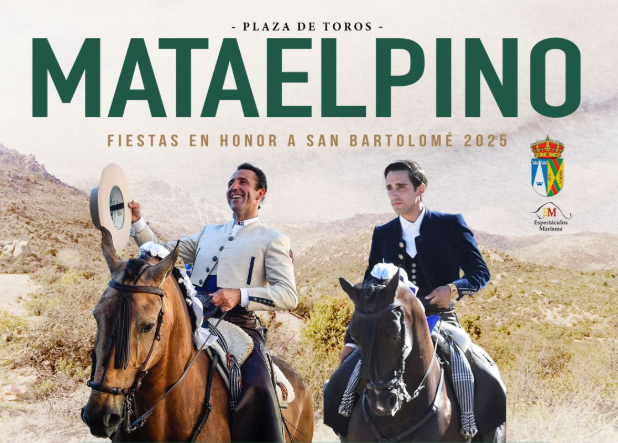 Póster de un festejo de rejones en Mataelpino. Muestra a dos rejoneadores a caballo y el texto con los detalles del evento.
