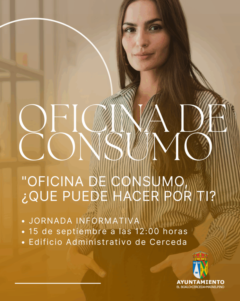 Póster de la jornada informativa sobre la Oficina de Consumo, con la imagen de un grupo de personas reunidas alrededor de una mesa.