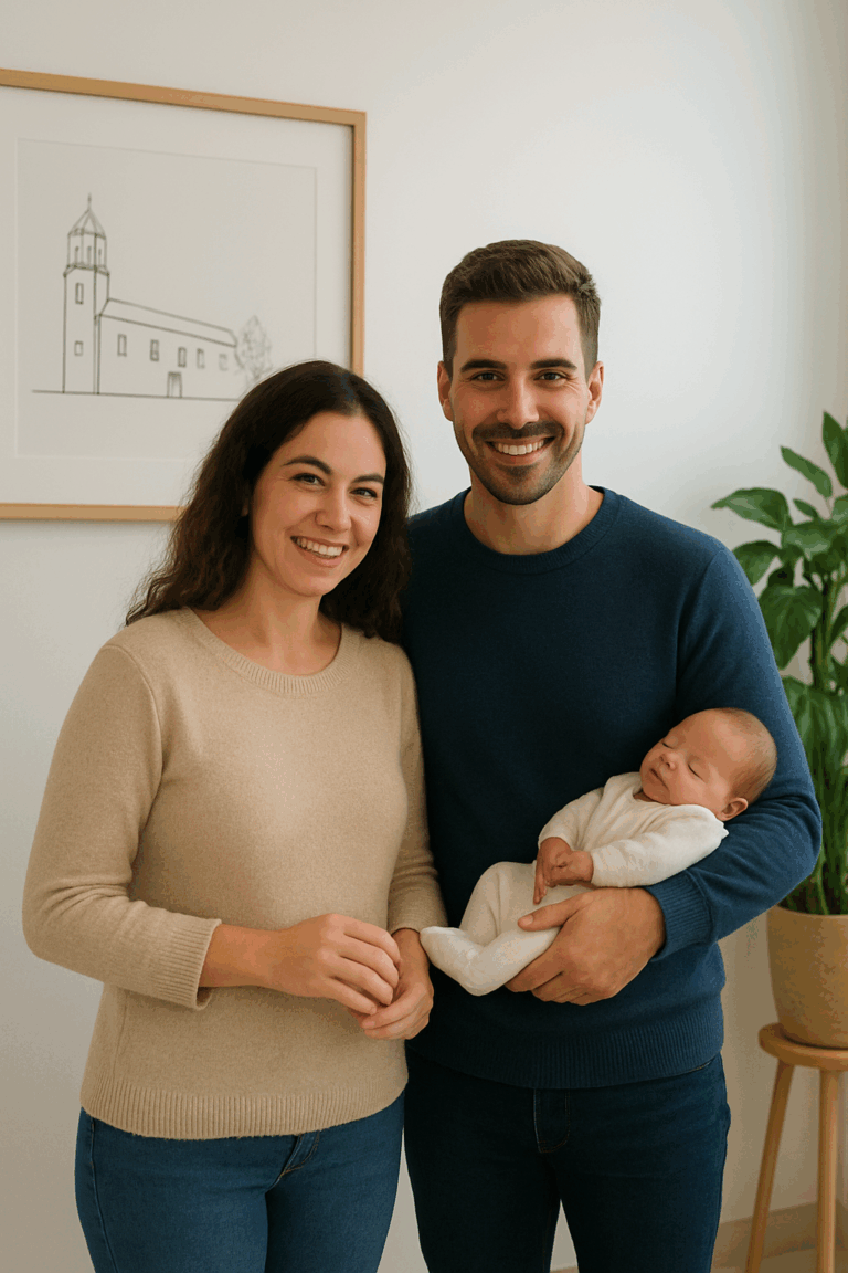 Una pareja posa con su bebé recién nacido. El padre sostiene al bebé mientras ambos padres miran a la cámara y sonríen.