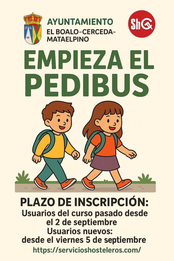 Póster del servicio de transporte escolar a pie "Pedibus" con un dibujo de un autobús y un grupo de niños acompañados por un adulto.