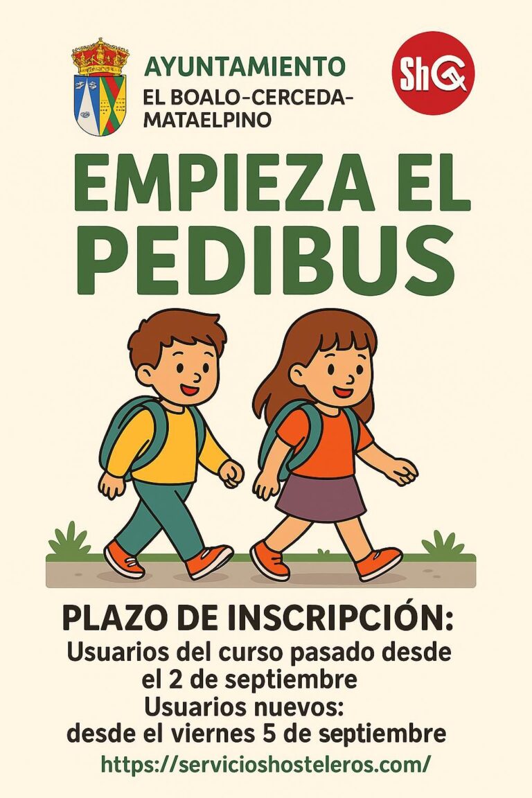 Póster del servicio de transporte escolar a pie "Pedibus" con un dibujo de un autobús y un grupo de niños acompañados por un adulto.