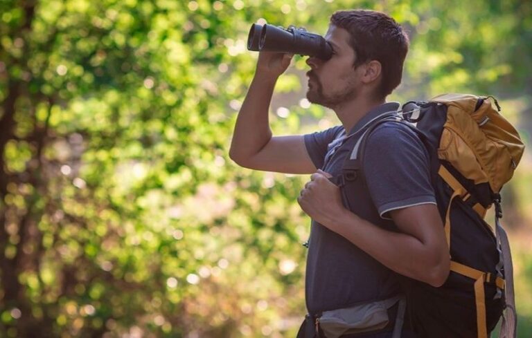 Un hombre con una mochila y binoculares observando la naturaleza en un bosque.